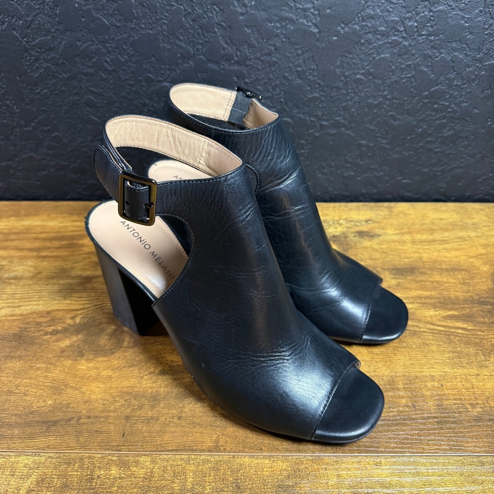 Antonio Melani Black Leather Open Toe‎ Block Heel Sandals Womens 10M